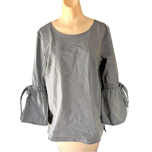 J. Crew Black & White Micro Gingham Blouse with Bow Tie Bell Sleeves Size Small - Picture 1 of 5